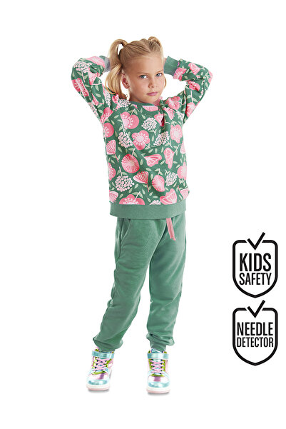 Denokids Girl's Green Winter Tracksuit Set - Pink Floral Pattern