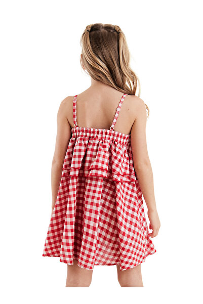 Denokids Cat Girl's Red Plaid Ruffle Strap Dress