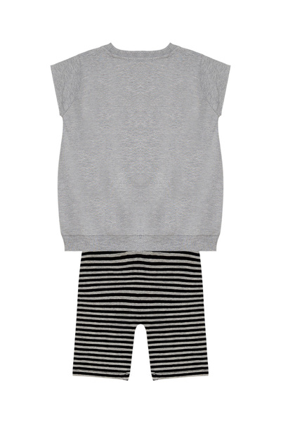Denokids Unicorn Patterned Gray Black Striped Girl's Summer T-shirt and Leggings Set