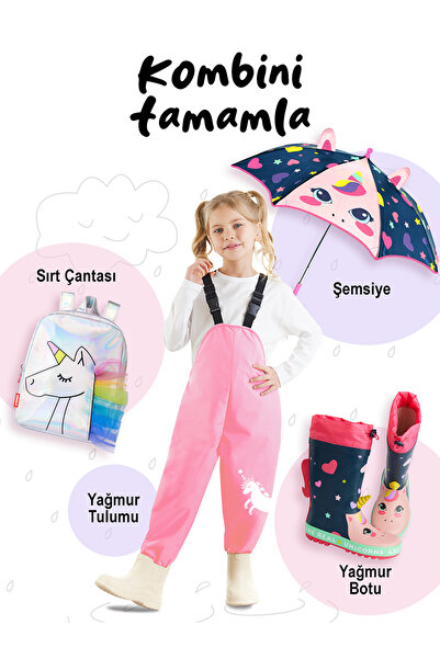 Denokids Unicorn Patterned Girl's Rain Boots - Navy Blue, Elastic