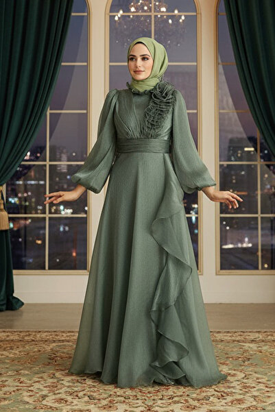 Neva Style Flower Detailed Green Hijab Evening Dress 22321Cy