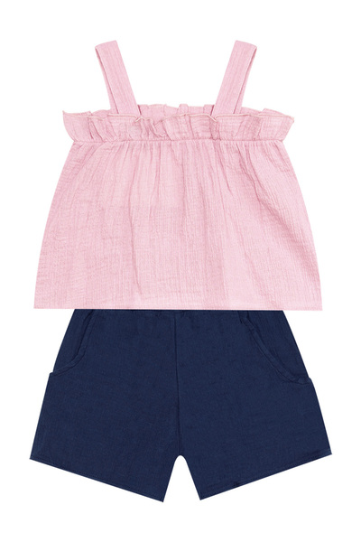 Denokids Pink Muslin Baby Girl Summer Set - Strappy Blouse and Shorts