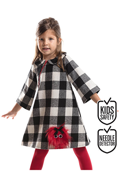 Denokids Pompom Girl - Black and White Plaid, Long Sleeve Winter Dress