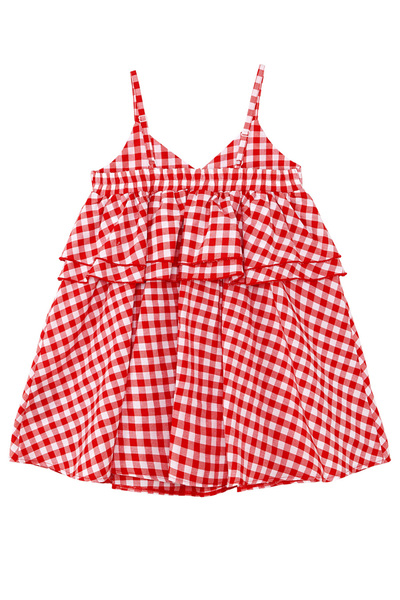 Denokids Cat Girl's Red Plaid Ruffle Strap Dress