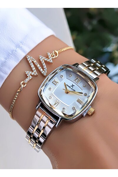 Daniel Klein Kare Yeni Sezon Altın Gümüş Renk Kadın Saat Bileklik Hediyeli