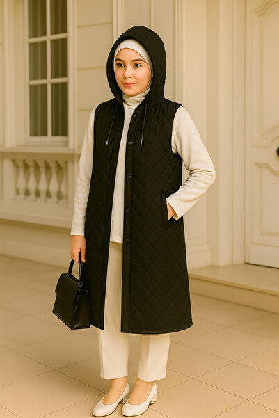 ŞIK VE MUTLU Tesettür Hooded Quilted Sleeveless Long Vest