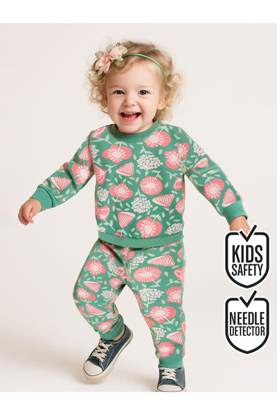 Denokids Pink Floral Baby Girl Green Tracksuit Set