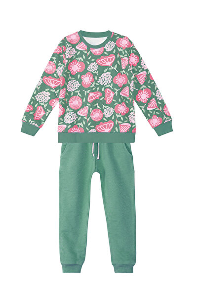 Denokids Girl's Green Winter Tracksuit Set - Pink Floral Pattern