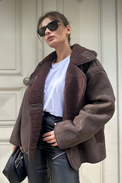 moda armanc Γυναικείο δερμάτινο παλτό O oversized Suede με επένδυση από γούνα - Χειμερινό μπουφάν με βελούδινη επένδυση