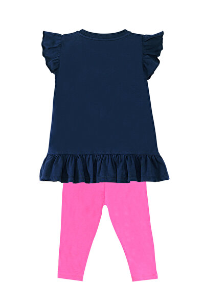 Denokids Unicorn Patterned Navy Blue and Pink Girl's Summer Set - Frilly T-shirt and Leggings