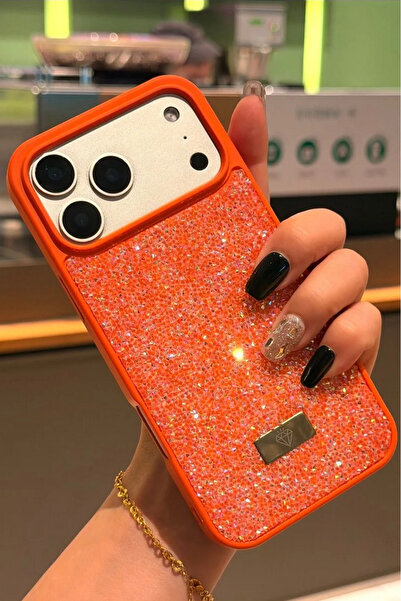 Fibaks iPhone 17 Pro Max Case with Velvet Diamond Design Inside, Orange Stone Sparkling Diamond Silicone Cover