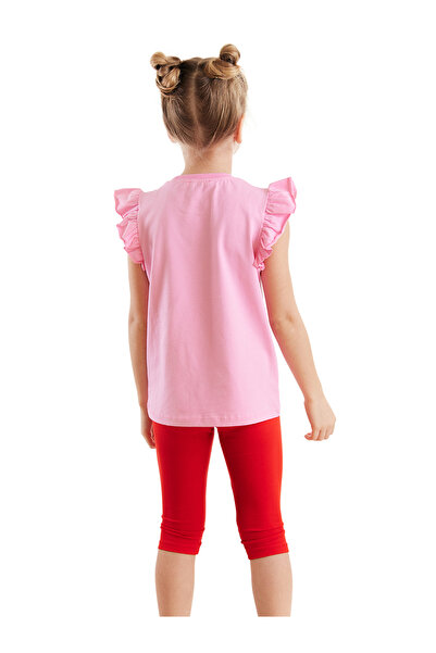 Denokids Girl's Strawberry Patterned Frilly Summer T-shirt and Leggings Set