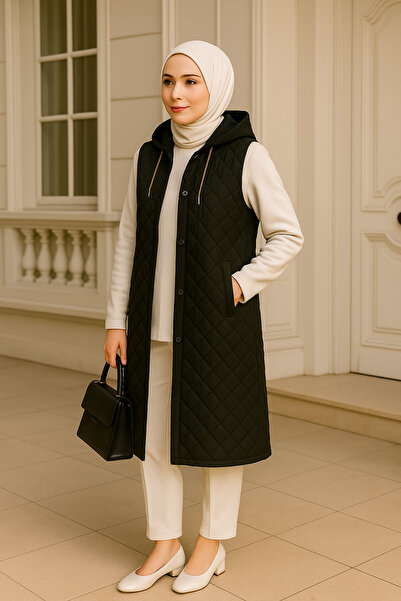 ŞIK VE MUTLU Tesettür Hooded Quilted Sleeveless Long Vest