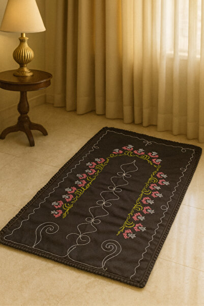 Çeyiz Bahçesi Covor de rugăciune de grădină brodat cu punct în cruce Floare neagră