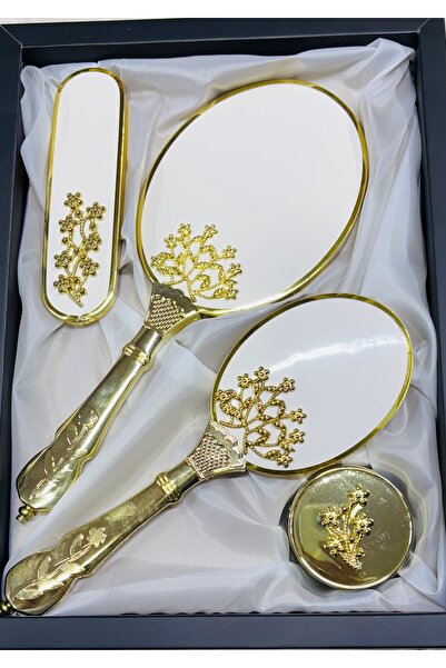 Muensu Hayalet Ağacı Beyaz Gold İşlemeli Gelin Çeyizlik Ayna Tarak Seti, Çeyizlik Set