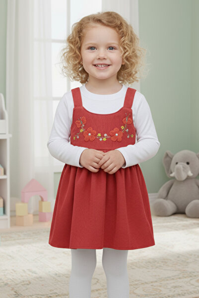 Tosyalı Burak Bebe Kız Bebek  Pamuklu Kadife Kumaşlı Tişörtü Penyeli Jile Elbise