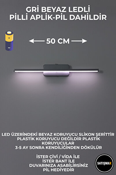 SatışMax Modern Kablosuz Tak Çalıştır Ledli Pilli Aplik Banyo Tablo Ayna Aydınlatma (50CM) Gri Pil Dahildir