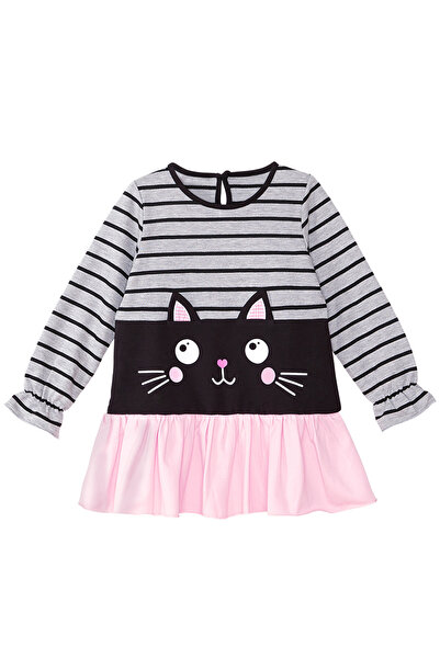 Denokids Girl's Gray Winter Dress - Black Cat Striped