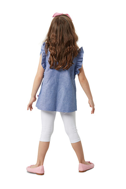 Denokids Blue and White Frilly Summer T-shirt and Leggings Set for Girls