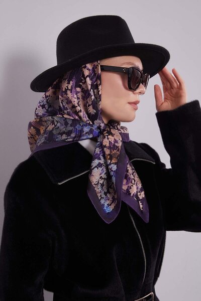 Levidor وشاح حريري بنمط تجريدي من الزهور الأرجوانية