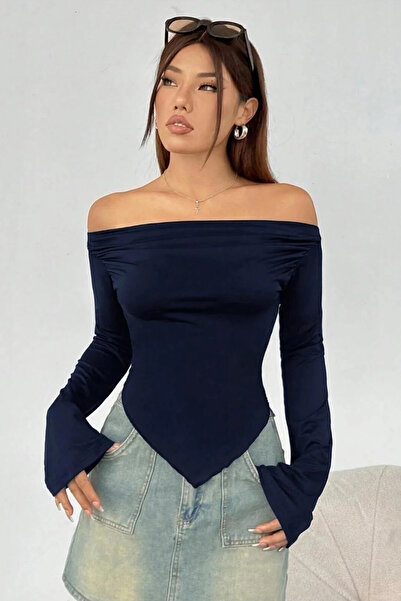 ecemore بلوزة مادونا بأكمام طويلة وتفاصيل مطاطية