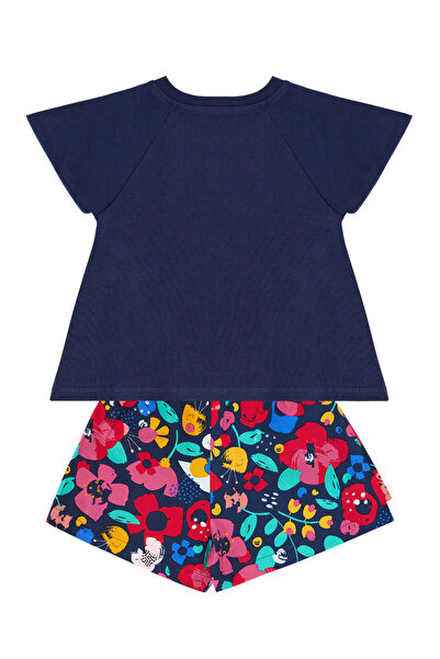 Denokids Girl's Navy Blue T-shirt and Poplin Shorts Set - Floral Cat Collar
