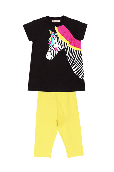 Denokids Zebracorn lány nyári szett - fekete, sárga fodros póló, tunika és leggings