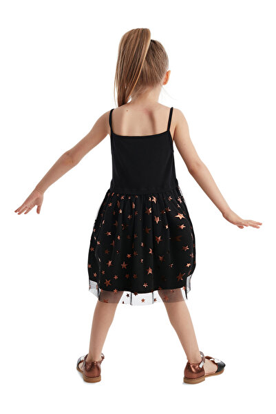 Denokids Dívčí večerní šaty s černým tylem a hvězdným tutu načechraným ramínkem