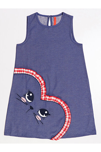 Denokids Girl's Navy Blue Woven Summer Dress - Cat Love Pattern