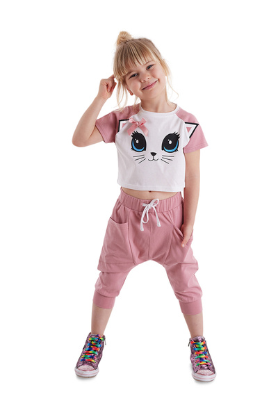 Denokids Cat Maviş Girl's T-shirt Capri Shorts Set