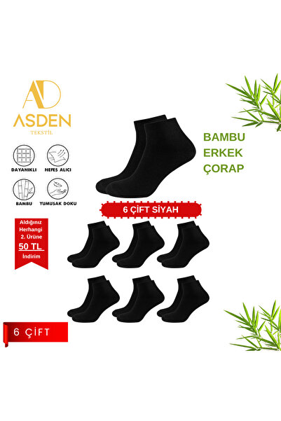 ASDEN Bambu Erkek Siyah Kısa Konç Çorap 6'lı Paket, Yıkamalı, Burun Dikişsiz