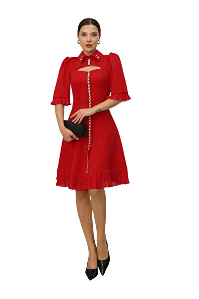 lodmela Low-Cut Chest Embroidered Shirt Collar Dress 2310-Red