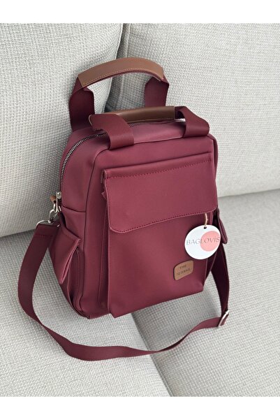 BAGLOVİS YANLARI VE ÖCÜ CEP DETAYLI BORDO KADIN SIRT ÇANTASI