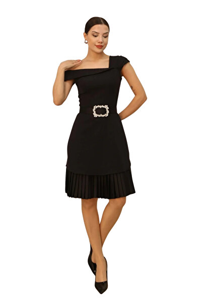 lodmela One Shoulder Skirt Pleated Belted Midi Dress 2373-Black