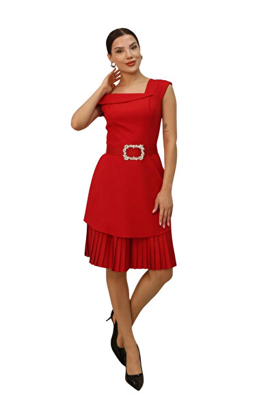 lodmela One Shoulder Skirt Pleated Belted Midi Dress 2373-Red