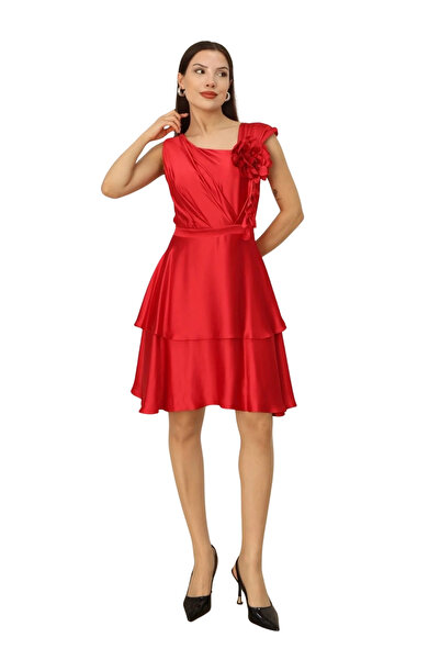 lodmela Floral Detailed Satin Dress 2371-Red