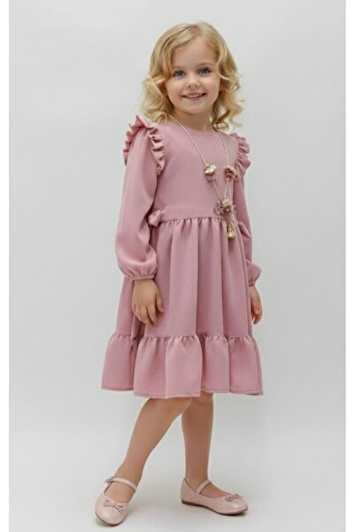 Şenkız Rochie de fată cu mâneci lungi, curea, colier, volane, de culoare pudr...