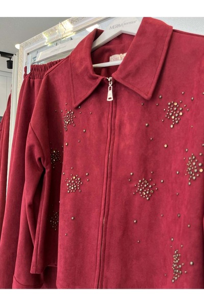 MRM MERAM BUTİK Shoulder Pad Tex Suede Skirt Suit with Stone - Bordo - 38