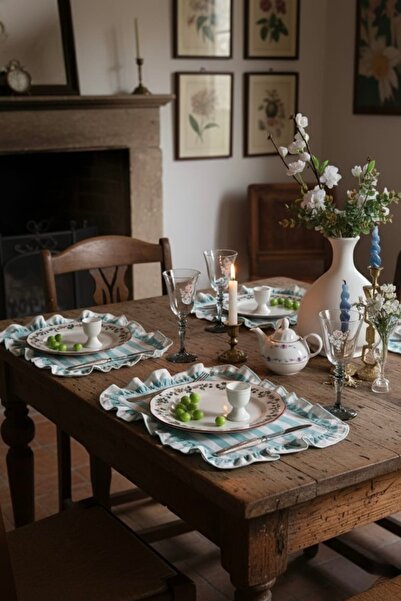 vintagetasarım خدمة أمريكية مخططة باللون الأخضر مكشكشة عتيقة قطعتين من الكتان...