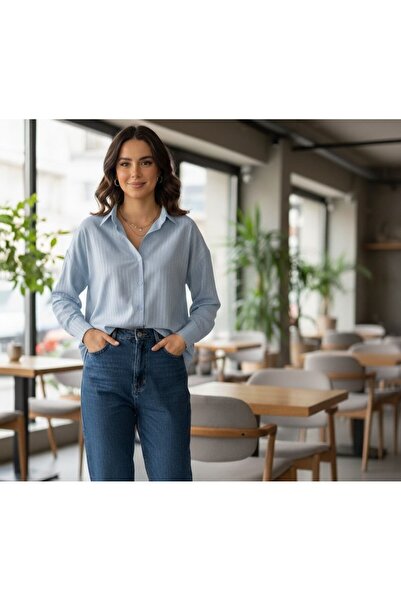 Butik Μπλε Oversize Φύλλο Ριγέ Ρούχα Πέρλα Γυναικεία Φορέστε