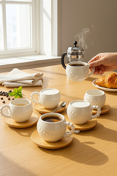 Lavin Bambu Tabaklı Porselen Papatya Fincan Seti Fma08476