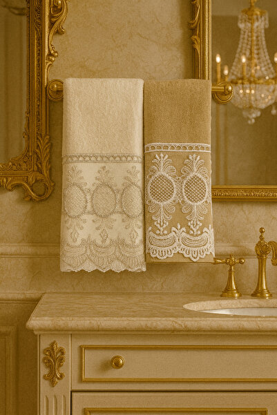 Çeyiz Bahçesi مجموعة مناشف اليد والوجه المخملية المصنوعة من الدانتيل الفرنسي روبي مكونة من قطعتين 50/90 سم