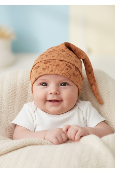 Alpar Tekstil 0-3 Months Soft Cotton Combed Baby Beanie - Girl/Boy, Double Layer Tan