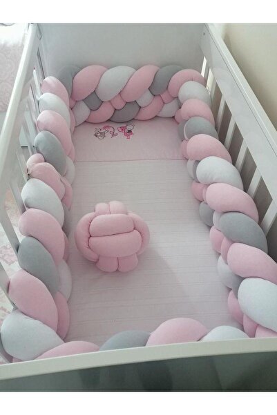 düğüm yastık 300 Cm 4 Örgü Beşik Korumalık - Tozpembe - Açıkgri - Beyaz