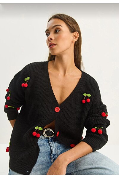 DAMGA Collection Women's Cherry Patterned Seasonal Knitwear Cardigan