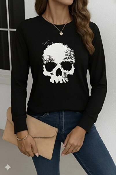 GENCULUS Women's Long Sleeve Crew Neck Skull Print Viscose Blouse