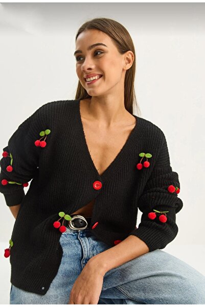 DAMGA Collection Women's Cherry Patterned Seasonal Knitwear Cardigan