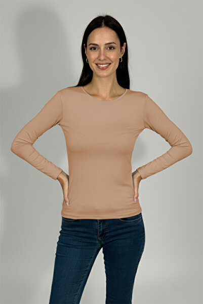 Betimoda Дамски боди с дълъг ръкав и кръгло деколте, цвят норка, 1 част