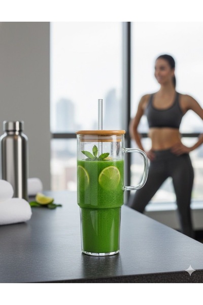 Store BAMBU KAPAKLI PİPETLİ 750 ML CAM BARDAK