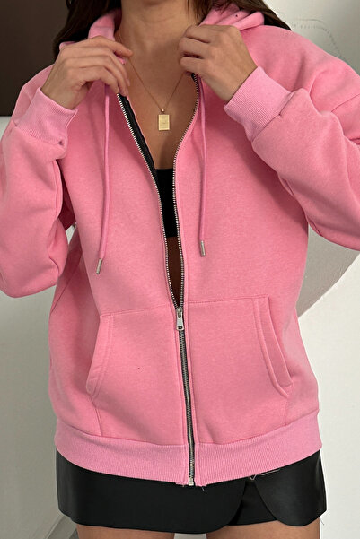 Balenbi Women's 3 Thread Fleece Lined Hooded Oversize Sweat Cardigan 1110